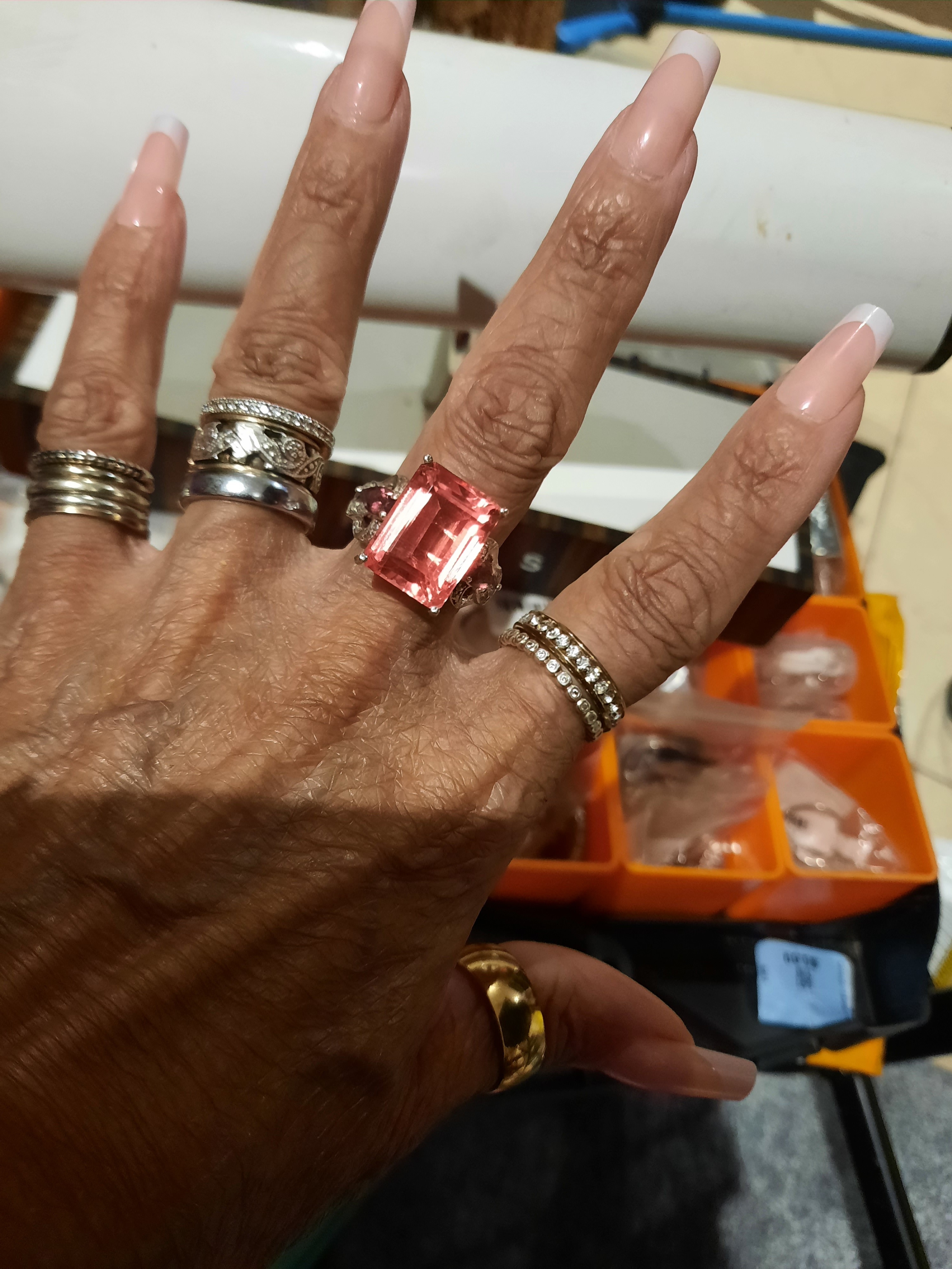 Massive Vintage Tangarine Quartz Diamond Rhodolite Garnet Ring Sterling Silver 7